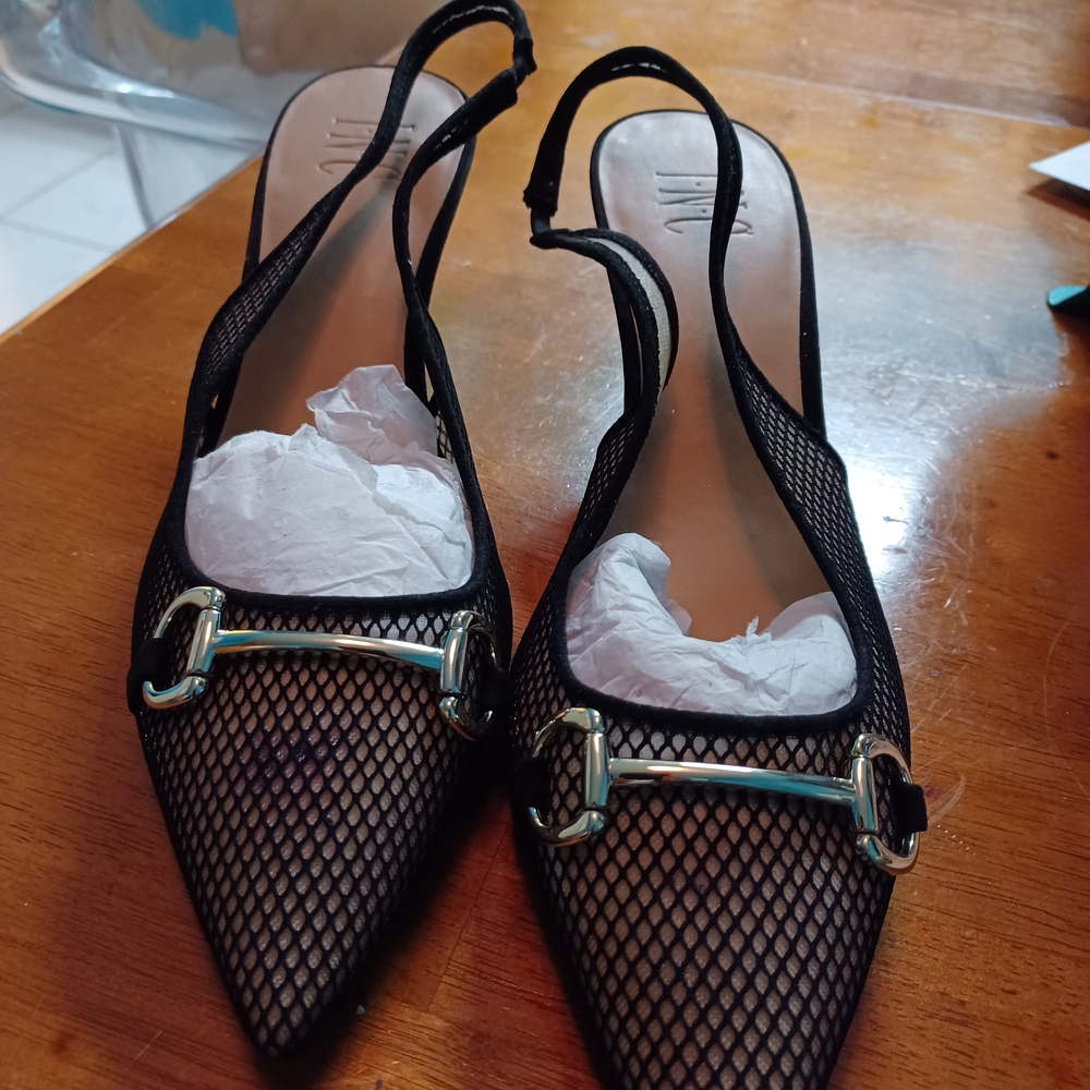 INC International Concepts Black Mesh Pointed Slingback Heels with Gold Hardware